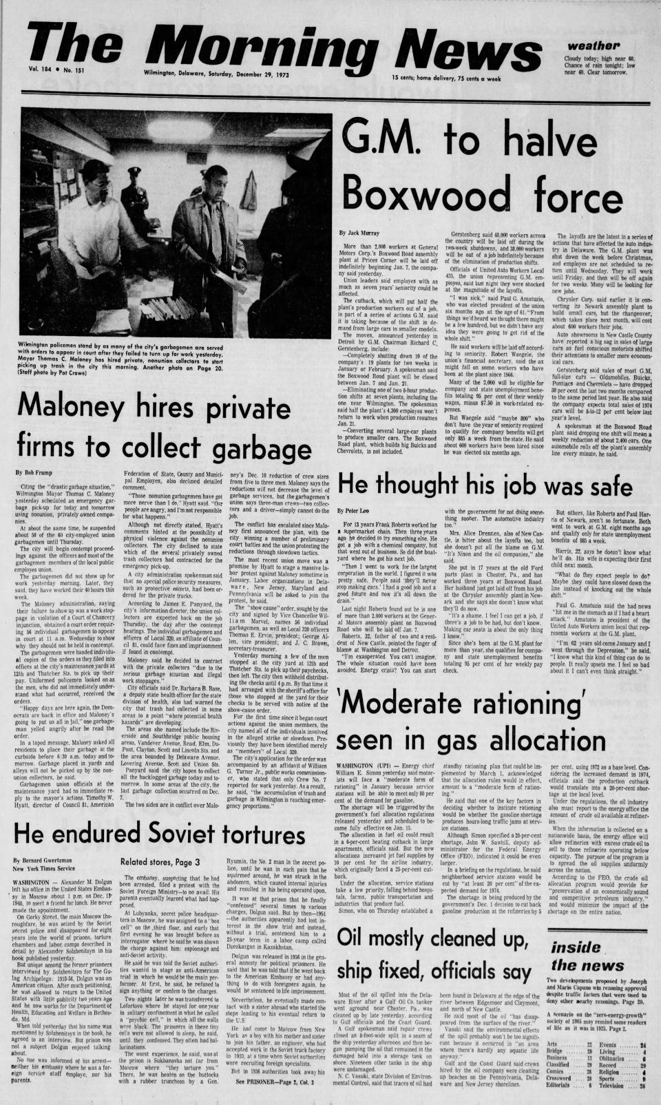 Front page of The Morning News from Dec. 29, 1973.
