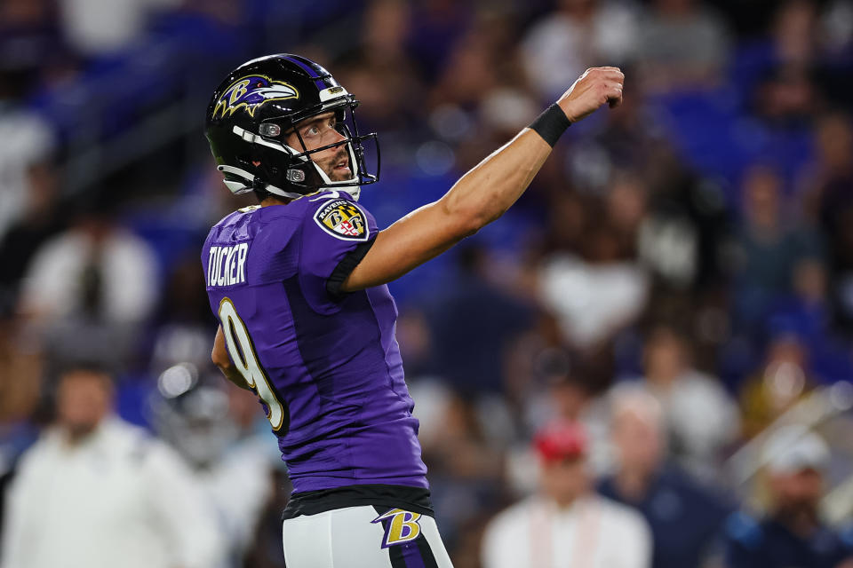 Not everyone can draft Justin Tucker in their fantasy league, so what other kickers should you consider in Week 1? (Photo by Scott Taetsch/Getty Images)