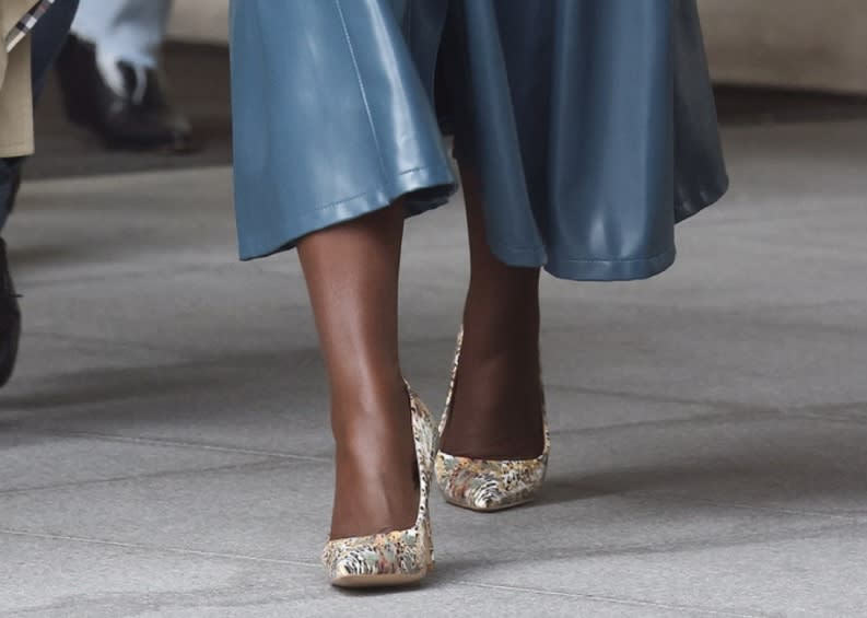A closer look at the pointed toe pumps worn by Lupita Nyong'o for BBC Radio one interview in London