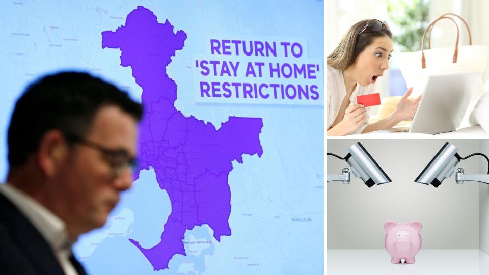 Victoria premier Daniel Andrews in front of a 'stay at home' sign on the left, a woman looking surprised on the top right, and a piggy bank on the bottom right.