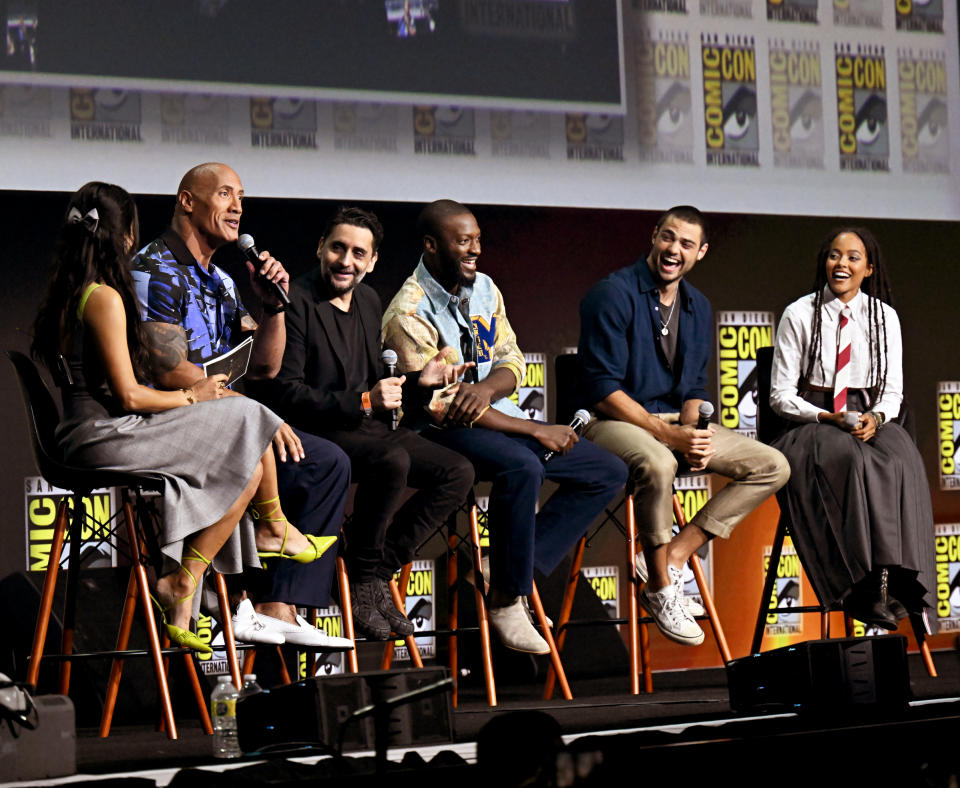 The “Black Adam” cast during the Warner Bros. panel at the 2022 San Diego Comic-Con - Credit: Variety via Getty Images