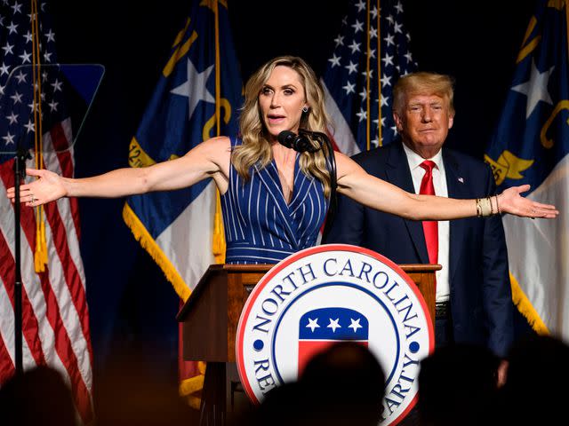 <p>Melissa Sue Gerrits/Getty</p> Laura Trump, now the co-chair of the RNC, speaks at a 2021 North Carolina event alongside her father-in-law, Donald Trump