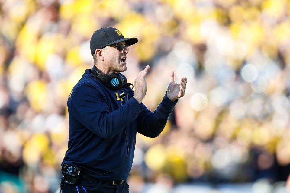 Michigan coach Jim Harbaugh reacts to a play against Alabama during the first half of the Rose Bowl in Pasadena, California, on Monday, Jan. 1, 2024.