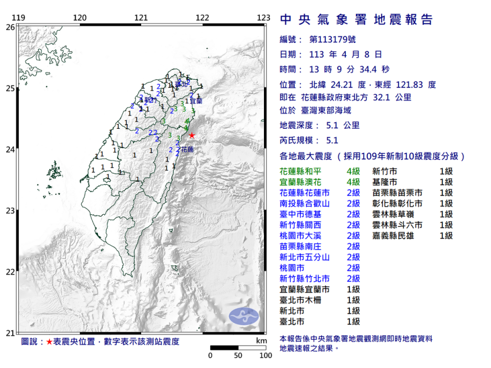 今(8)日13時09分再度發生規模5以上餘震，全台14縣市有感。   圖：中央氣象署／提供