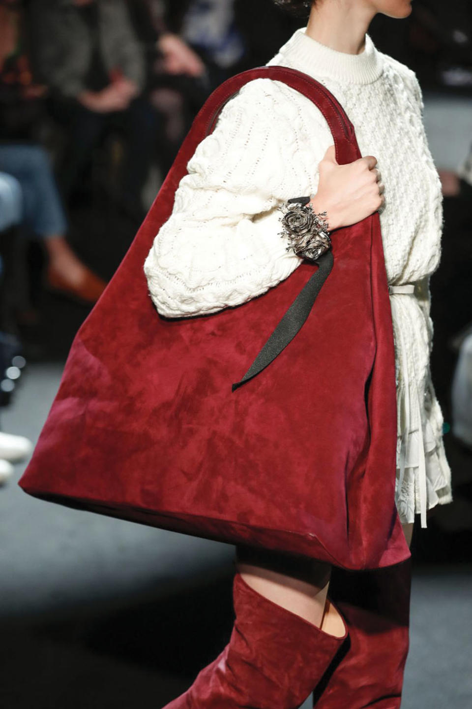 Brandon Maxwell The designer’s Oversized Tote Bag in merlot suede, on his Fall 2022 runway; 2,495, brandonmaxwellonline.com