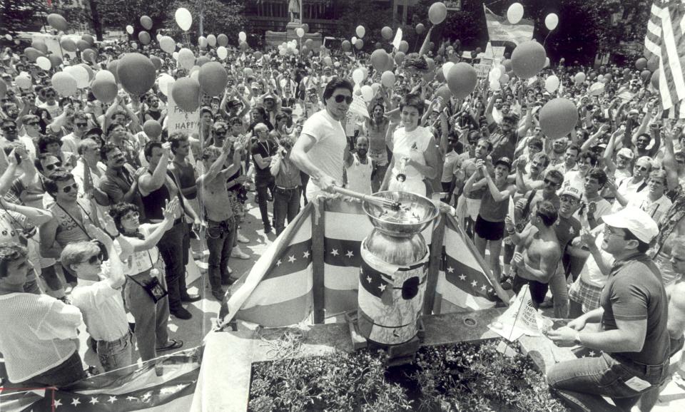 Taken on June 30, 1985.  Danny and Mary of Columbus, Ohio, light freedom torch at rally at Ohio Capitol grounds. Crowd estimate about 6,000 people.