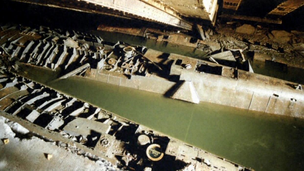 WWII U-boats pictured amid the ruins of the Elbe II U-boat shelter