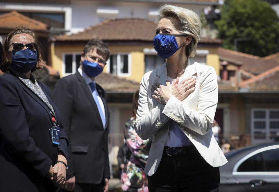 European Commission President Ursula von der Leyen arrives for an EU summit at the Alfandega do Porto Congress Center in Porto, Portugal, Friday, May 7, 2021. European Union leaders met for a summit in Portugal on Friday, sending a signal they see the threat from COVID-19 on their continent as waning amid a quickening vaccine rollout. Their talks hope to repair some of the damage the coronavirus has caused in the bloc, in such areas as welfare and employment. (Jose Coelho, Pool via AP)