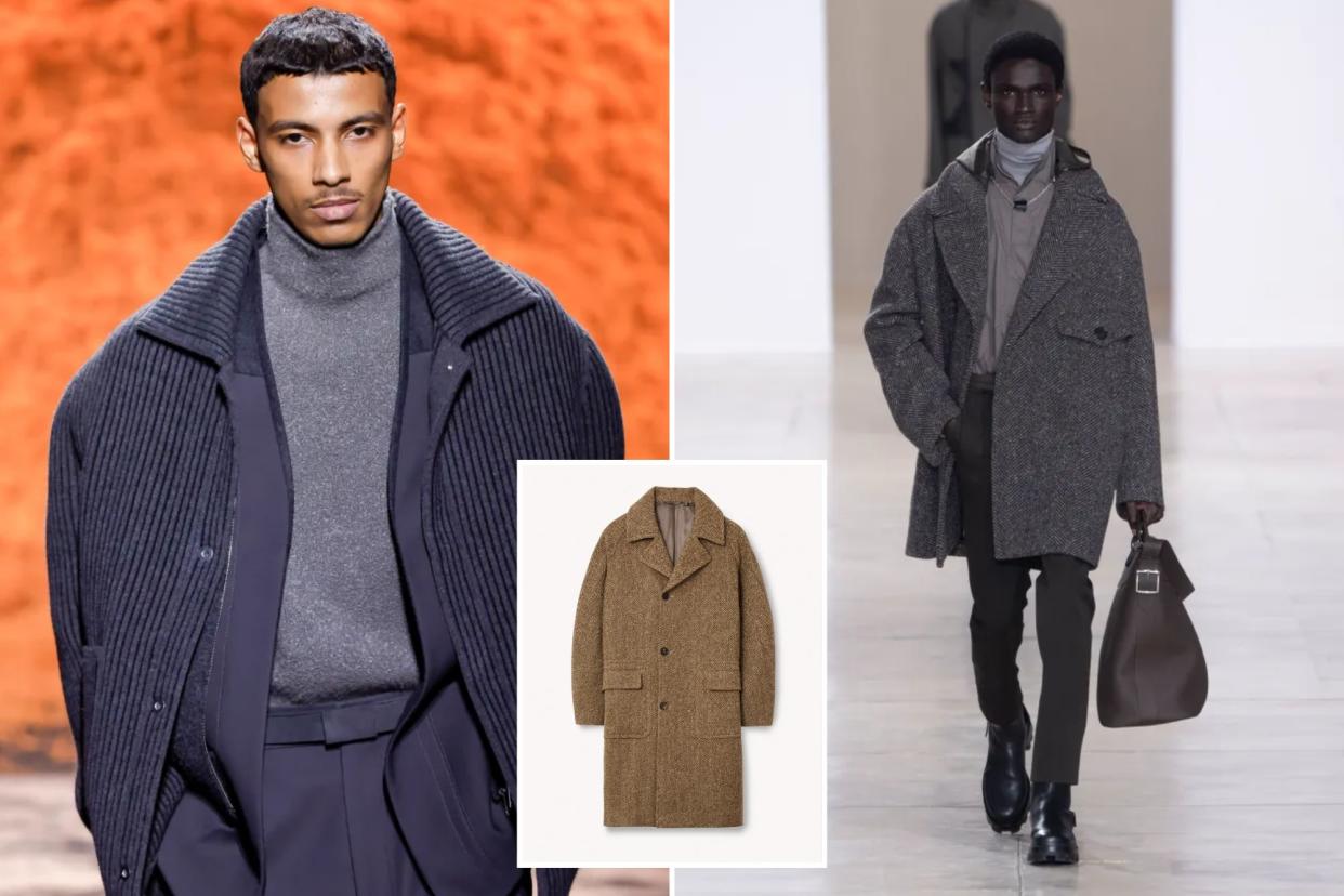 Collage of two models in dark jackets and a brown oversized coat