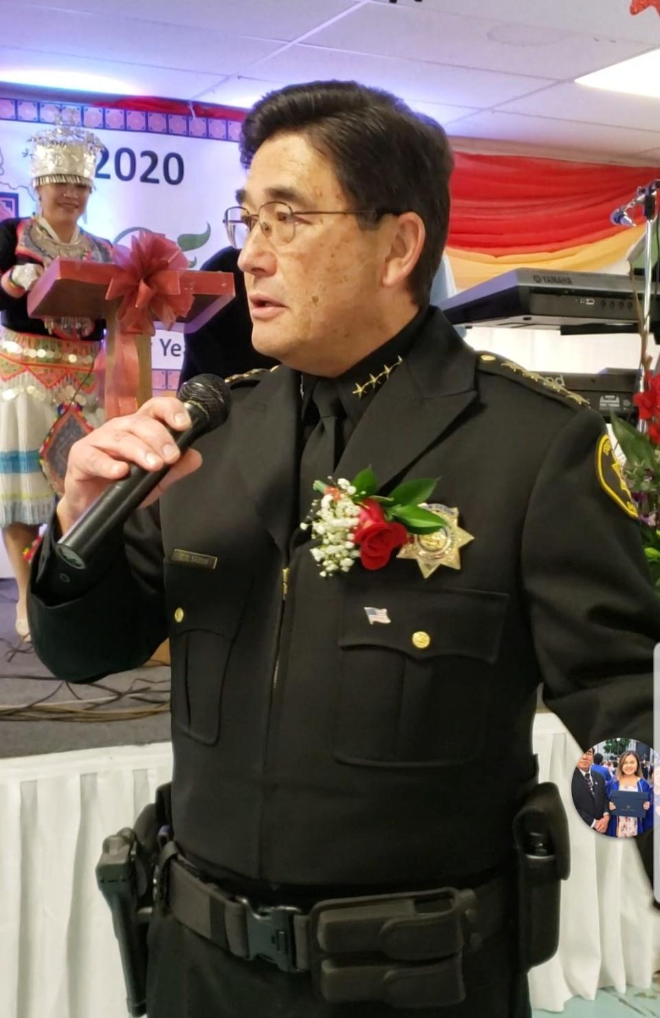 Sheriff Tim Saxon of Trinity County, California, is shown at a celebration of local Hmong residents. Saxon was born in Japan and immediately adopted by a U.S. serviceman. Saxon, who was elected sheriff in 2018, is the first Asian American sheriff in the state's history — a discovery that resulted from a recent USA TODAY profile of San Francisco's new sheriff, Paul Miyamoto, whose office believed was the first sheriff in the state of Asian decent.