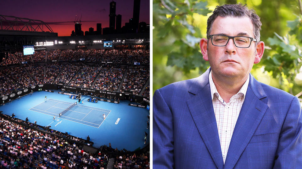 Premier Daniel Andrews (pictured right) during a press conference and (pictured left) Rod Laver Arena during the Australian Open.