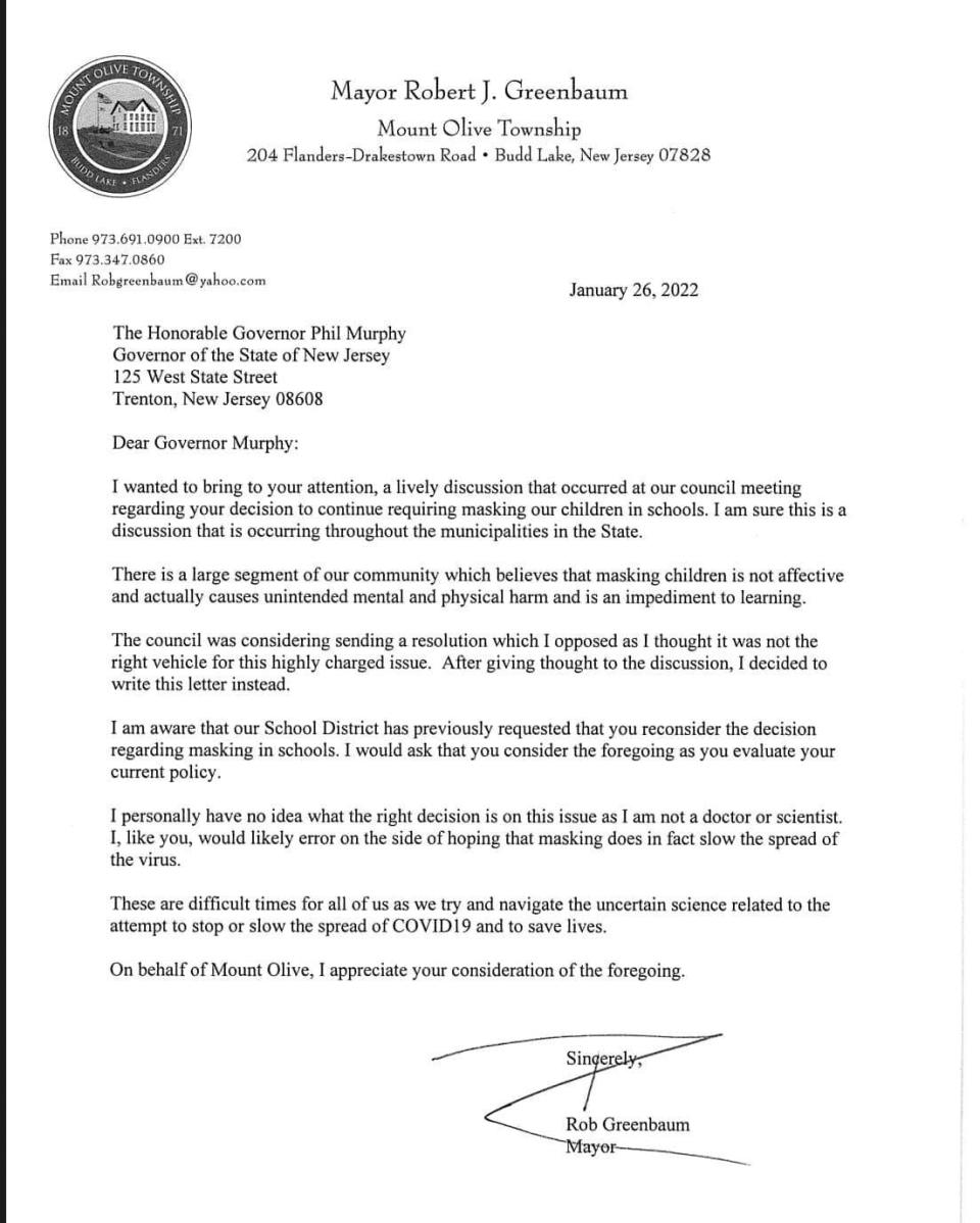 Mount Olive Mayor Robert Greenbaum sends a letter to Gov. Phil Murphy asking him to reconsider the mask mandate in schools. He sent the letter after parents and community members expressed their opposition to the state mandate.