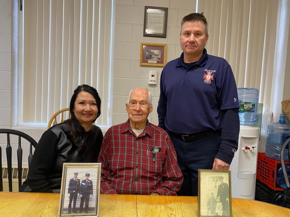 Retired Taunton Fire Lt. William Pittsley, center, who is turning 90 this year, sits with his daughter, Twila McInnis, left, and son, Michael Pittsley, right, who is currently a Taunton firefighter, on Jan. 23, 2024, at Oakland Fire Station on North Walker Street.