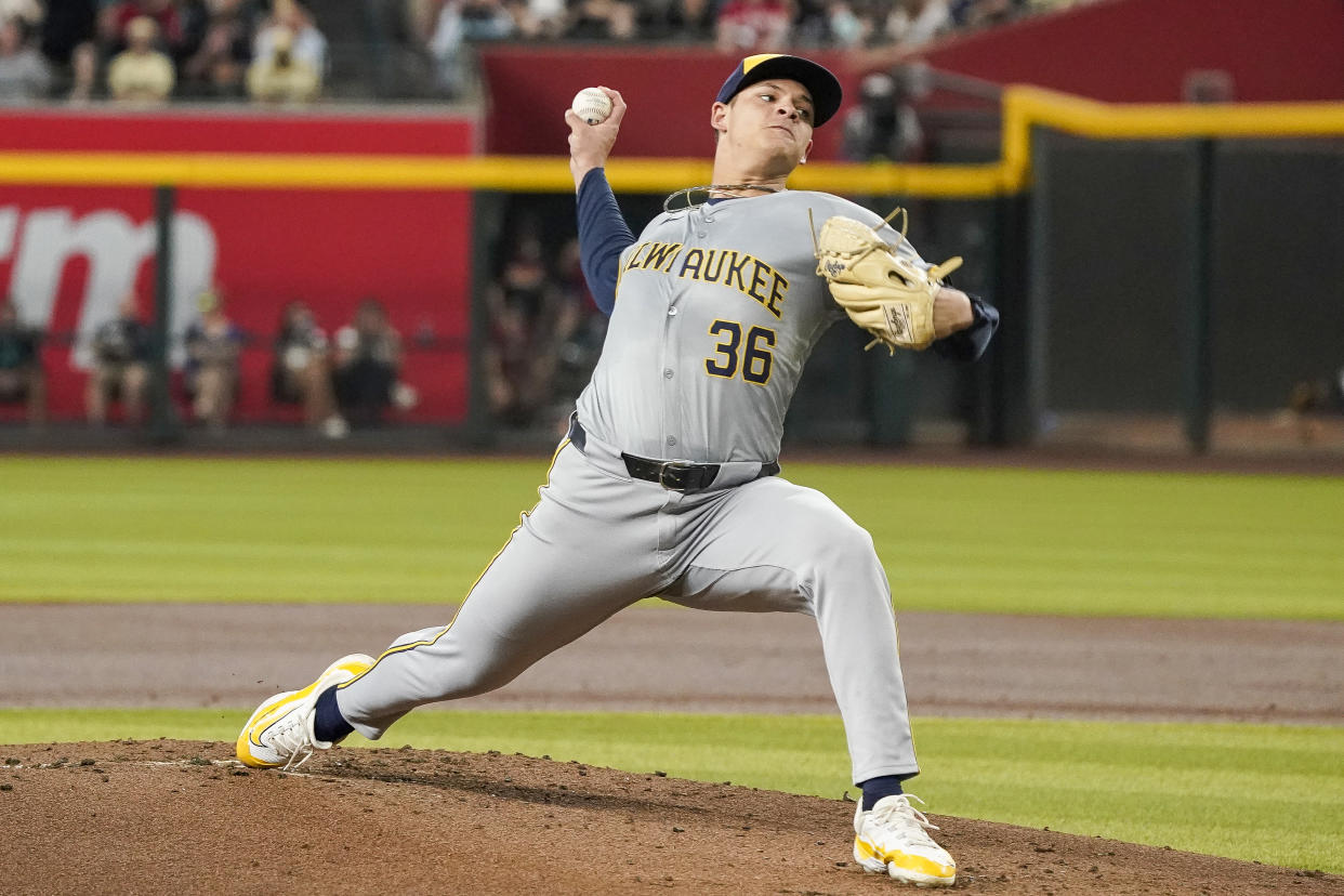 Milwaukee Brewers pitcher Tobias Myers (36) throws against the Arizona Diamondbacks during the first inning of a baseball game, Saturday, Sept. 14, 2024, in Phoenix. (AP Photo/Darryl Webb)