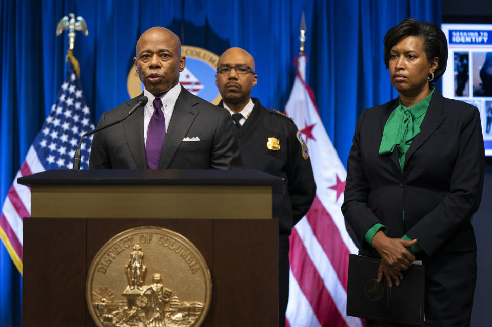 New York Mayor Eric Adams speaks during a news conference with Washington Mayor Muriel Bowser about the search for a gunman that had been targeting homeless men sleeping on the streets of Washington, and New York City. - Credit: Evan Vucci/AP