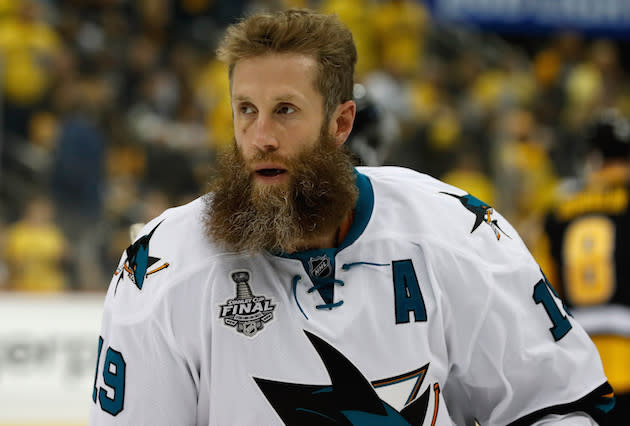 PITTSBURGH, PA - JUNE 09: Joe Thornton #19 of the San Jose Sharks warms up before playing in Game 5 of the 2016 NHL Stanley Cup Final against the Pittsburgh Penguins at Consol Energy Center on June 9, 2016 in Pittsburgh, Pennsylvania. (Photo by Dave Reginek/NHLI via Getty Images)