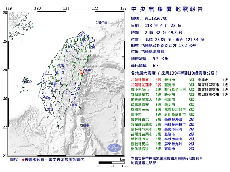 23日深夜接連發生規模6以上地震。（圖／氣象署）