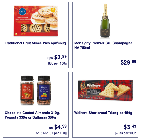 Fruit mince pies, champagne, chocolate-coated nuts and shortbread on sale at Aldi.