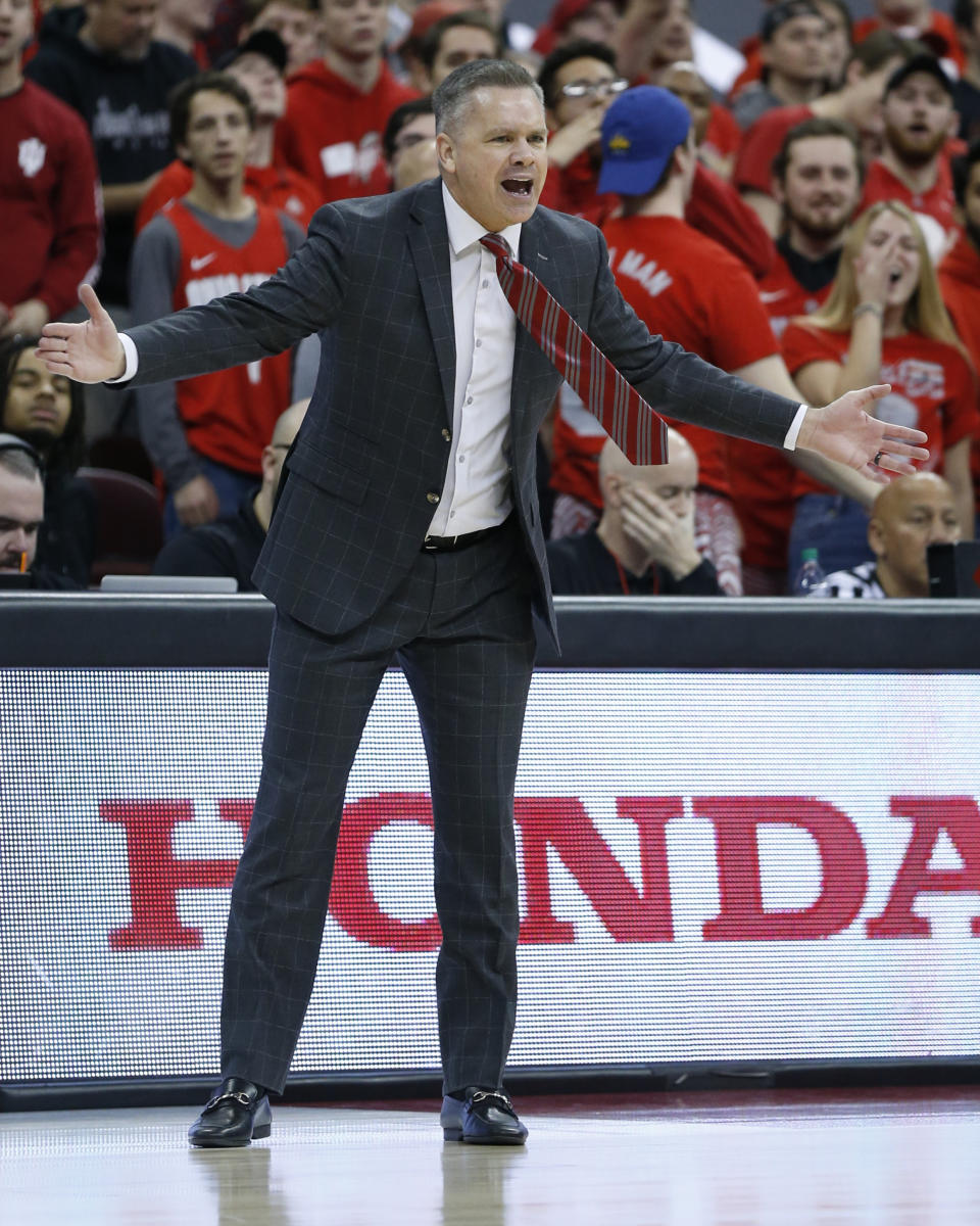 Ohio State head coach Chris Holtmann shouts to his team during the first half of an NCAA college basketball game against Indiana, Saturday, Feb. 1, 2020, in Columbus, Ohio. (AP Photo/Jay LaPrete)