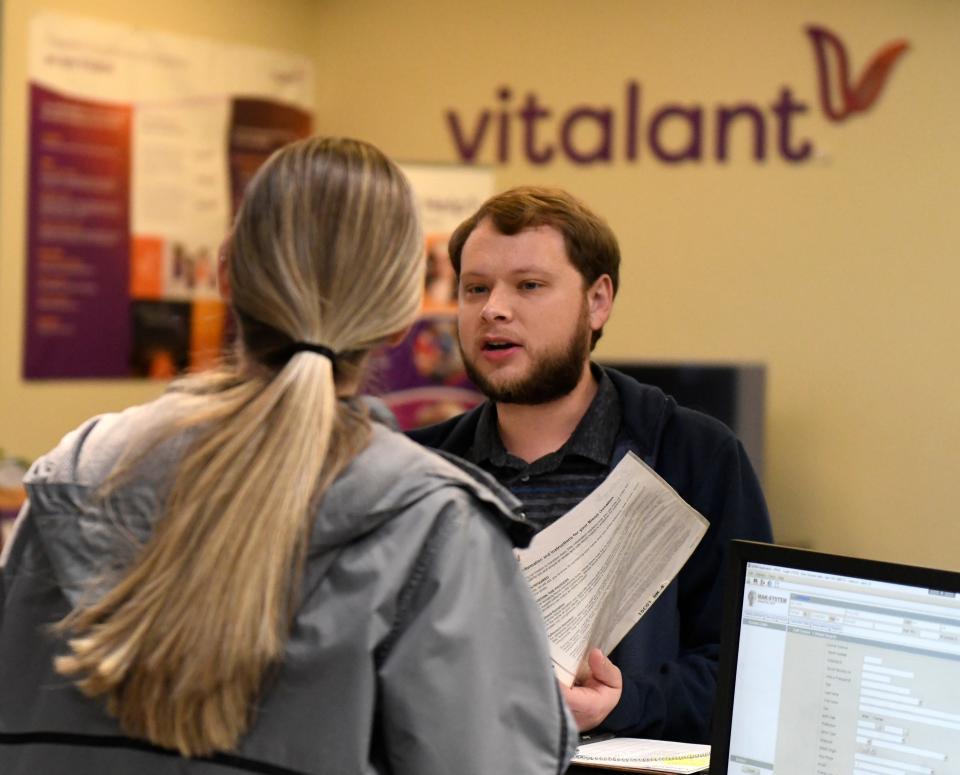 Alex Driggars checks into Vitalant to give blood, Wednesday, Jan. 24, 2024, at Vitalant.