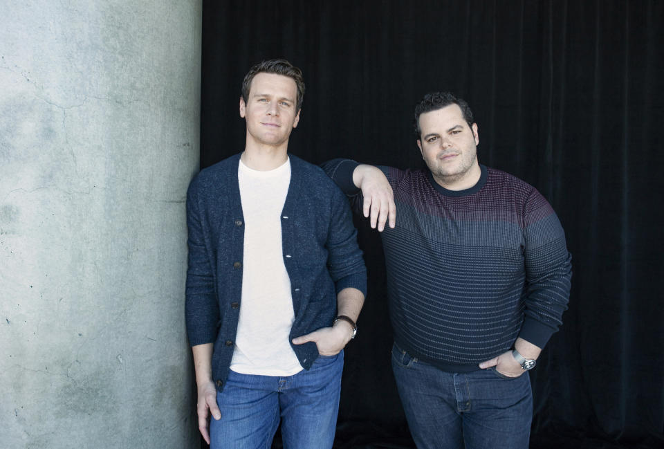 This Nov. 9, 2019 photo shows Jonathan Groff, who voices the character Kristoff, left, and Josh Gad, who voices the character Olaf, at The W Hotel in Los Angeles to promote their film "Frozen 2." (Photo by Rebecca Cabage/Invision/AP)