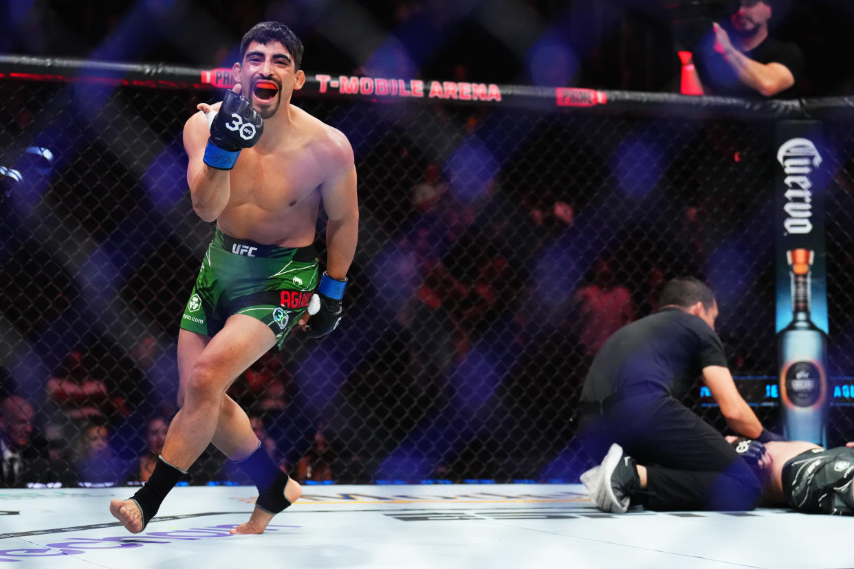 Jesus Aguilar reacts to his win over Shannon Ross in a flyweight fight during the UFC 290 undercard at T-Mobile Arena on July 08, 2023 in Las Vegas, Nevada. (Photo by Chris Unger/Zuffa LLC via Getty Images)