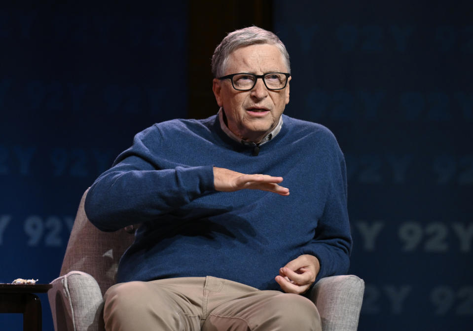 FILE - Bill Gates discusses his book "How to Prevent the Next Pandemic" at the 92nd Street Y on Tuesday, May 3, 2022, in New York. On Friday, May 6, The Associated Press reported on stories circulating online incorrectly claiming Gates owns the majority of America’s farmland and the investment firm BlackRock holds the majority of single family houses in the country. (Photo by Evan Agostini/Invision/AP, File)