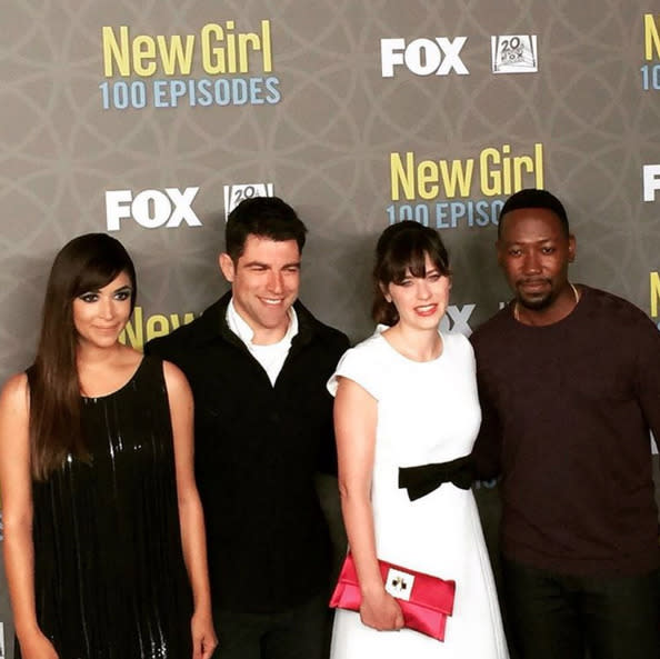 Max Greenfield, with his “New Girl” co-stars Hannah Simone, Zooey Deschanel, and Lamorne Morris, at a party at STK LA celebrating the show’s 100th episode: “100 Episodes of #newgirlAbsolutely incredible. Thank you for continuing to tune in. We are beyond appreciative.” -@maxgreenfield