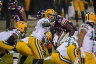 Green Bay Packers' Aaron Rodgers calls a play during the second half of an NFL football game against the Chicago Bears Sunday, Jan. 3, 2021, in Chicago. (AP Photo/Nam Y. Huh)