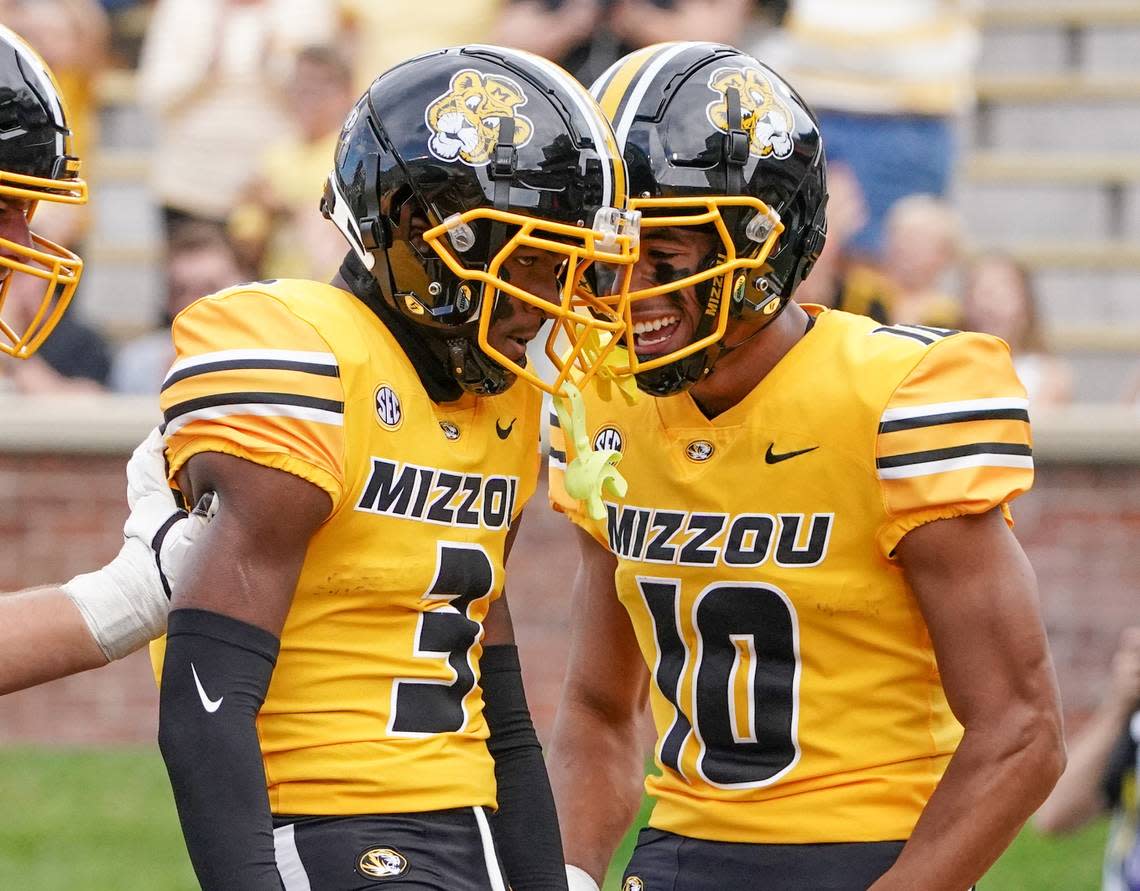 Missouri Tigers wide receiver Luther Burden III (3) celebrates with wide receiver Mekhi Miller (10) after scoring against the Vanderbilt Commodores during the first half of the game at Faurot Field at Memorial Stadium on Oct. 22, 2022.