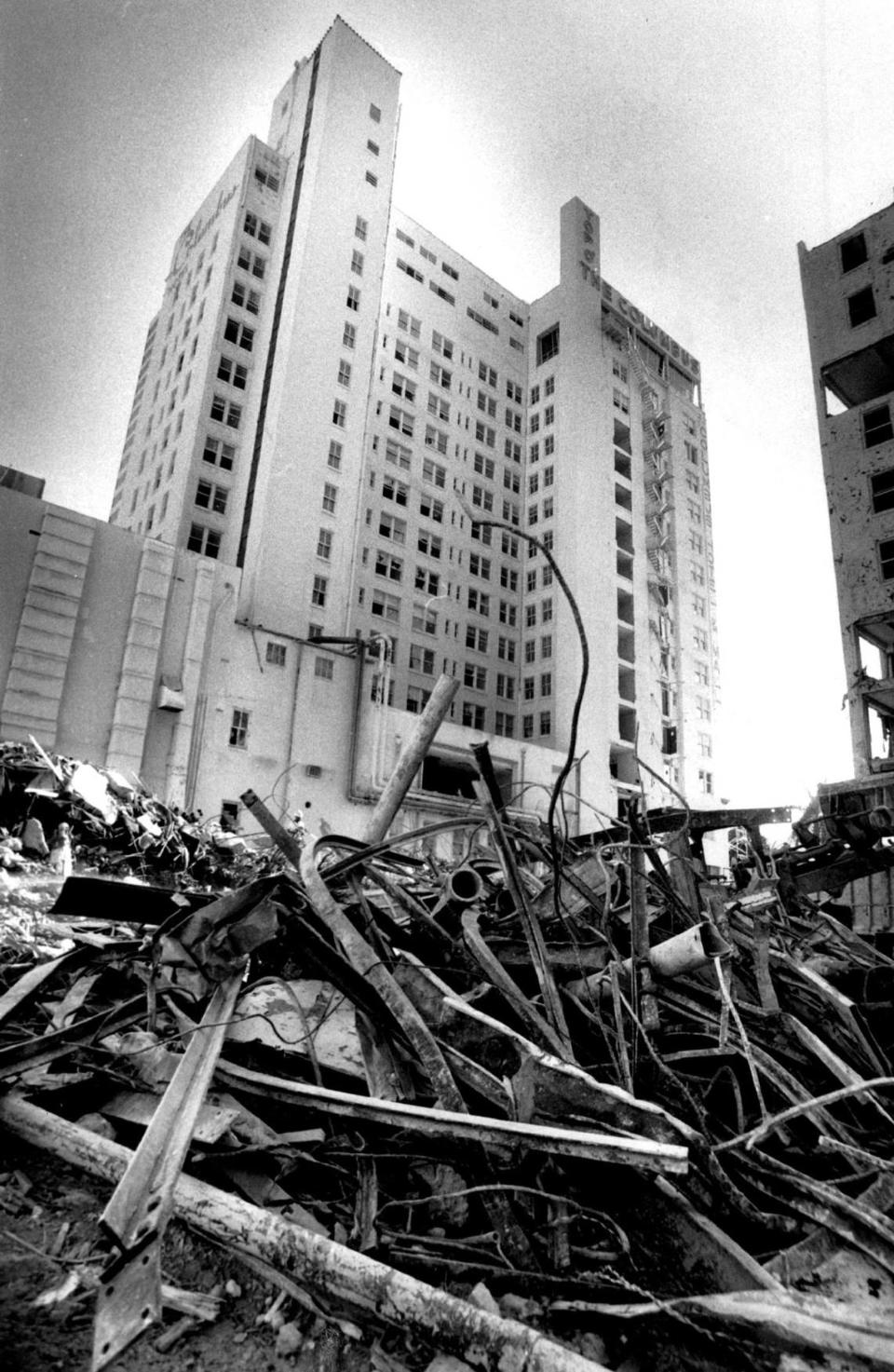 Rubble of the McAllister next to the Columbus in downtown Miami in 1988, when both buildings were demolished. Tim Chapman/Miami Herald File