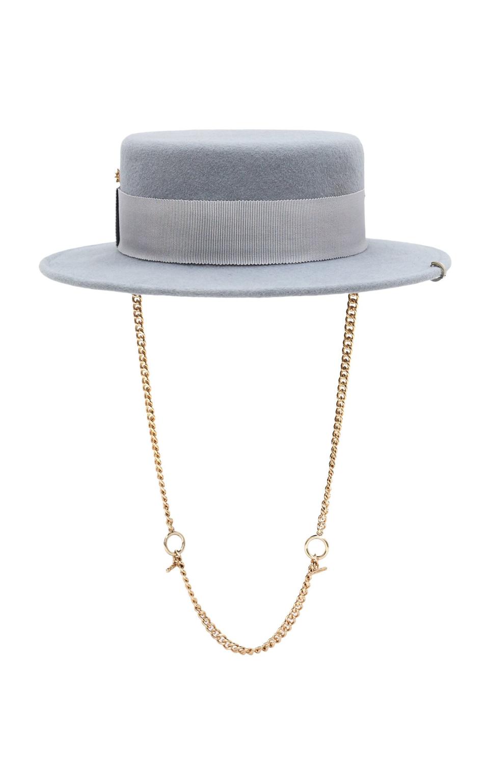 Chain-Detailed Pierced Felt Canotier Hat