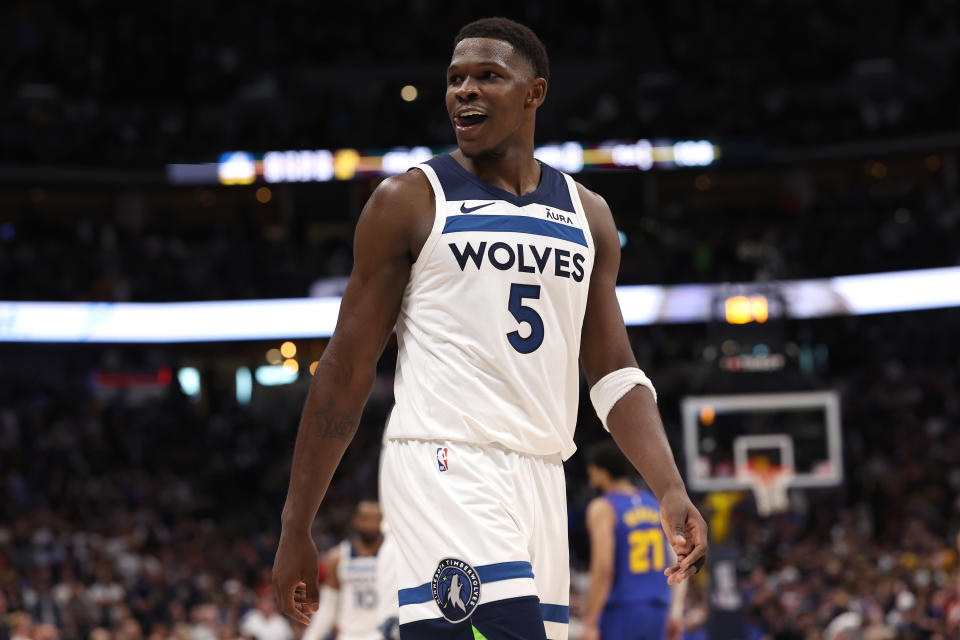 DENVER, COLORADO - MAY 04: Anthony Edwards #5 of the Minnesota Timberwolves celebrates after defeating the Denver Nuggets in Game One of the Western Conference Second Round Playoffs at Ball Arena on May 04, 2024 in Denver, Colorado. NOTE TO USER: User expressly acknowledges and agrees that, by downloading and/or using this Photograph, user is consenting to the terms and conditions of the Getty Images License Agreement. (Photo by Matthew Stockman/Getty Images)