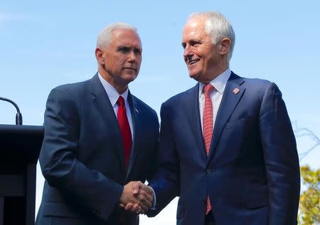U.S. Vice President Mike Pence (L) shakes hands with Australia's Prime Minister Malcolm Turnbull after a media conference at Admiralty House in Sydney, Australia, April 22, 2017. REUTERS/Jason Reed