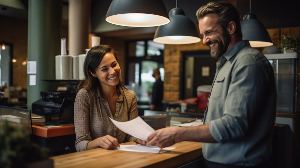 A customer smiling as they pay their bills with the cash management services provided by the bank.