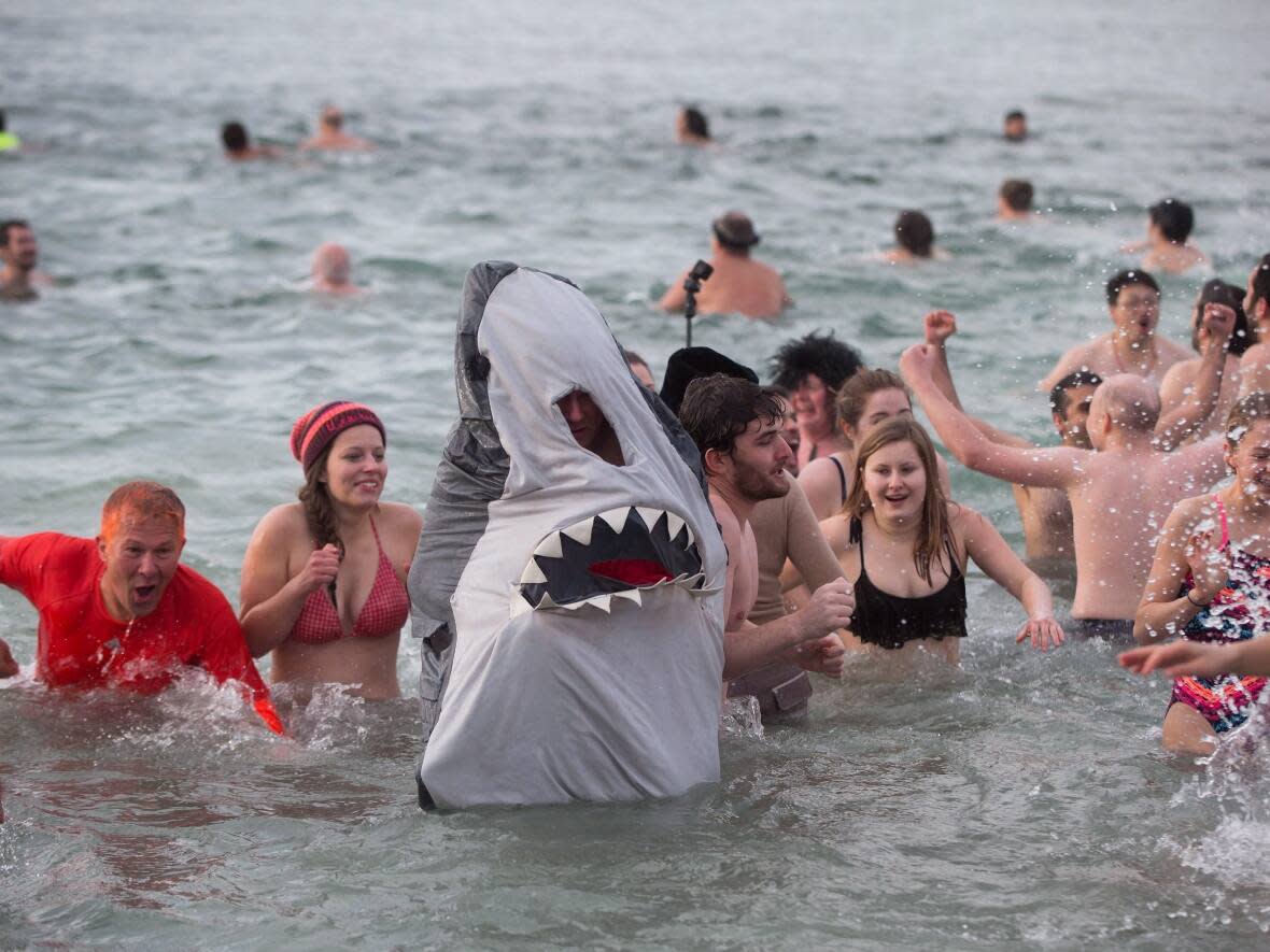 A man dressed in a shark costume participates in the Polar Bear Swim at English Bay, in Vancouver, B.C., on Jan. 1, 2017. (Darryl Dyck/Canadian Press - image credit)