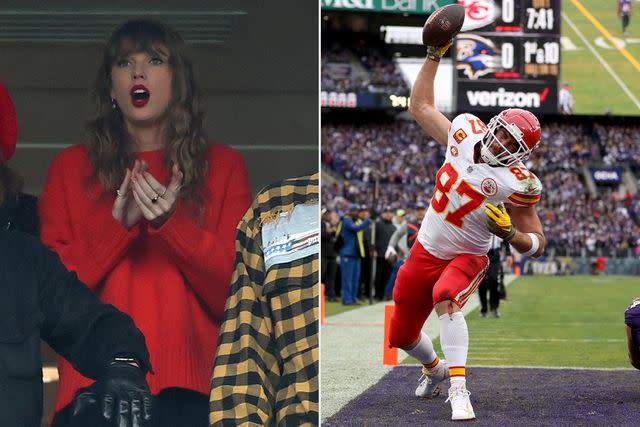 <p>Rob Carr/Getty</p> Taylor Swift reacts to Travis Kelce's touchdown