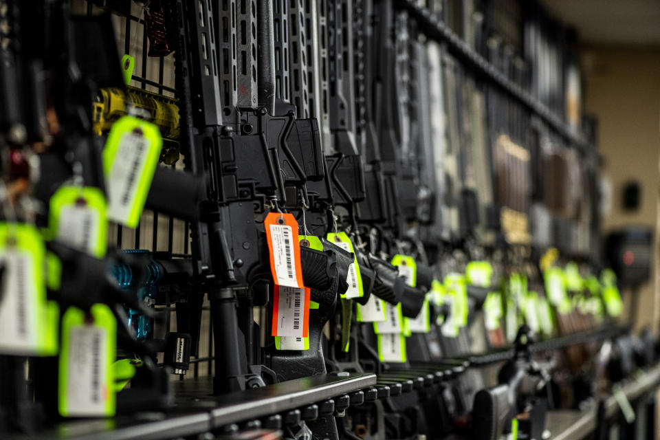 Guns are displayed at SP firearms on Thursday, June 23, 2022, in Hempstead, New York. (AP Photo/Brittainy Newman)