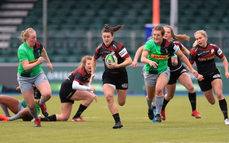 Saracens' Alysha Corrigan breaks clear during the Women's Allianz Premier 15's match at the StoneX Stadium, London. Picture date: Saturday March 27, 2021. - PA