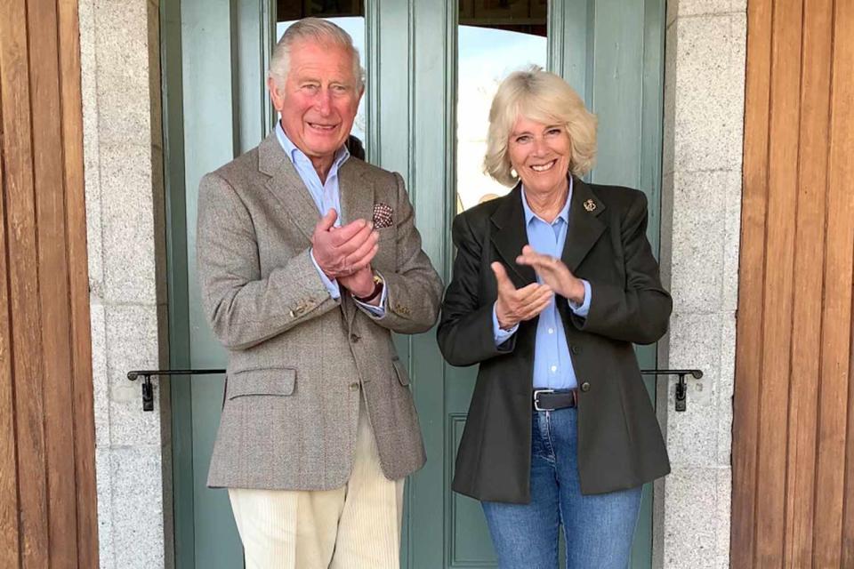 <p>Frank Augstein/Getty Images</p> King Charles and Queen Camilla at the door of Birkhall, Abderdeenshire, Scotland in April 2020