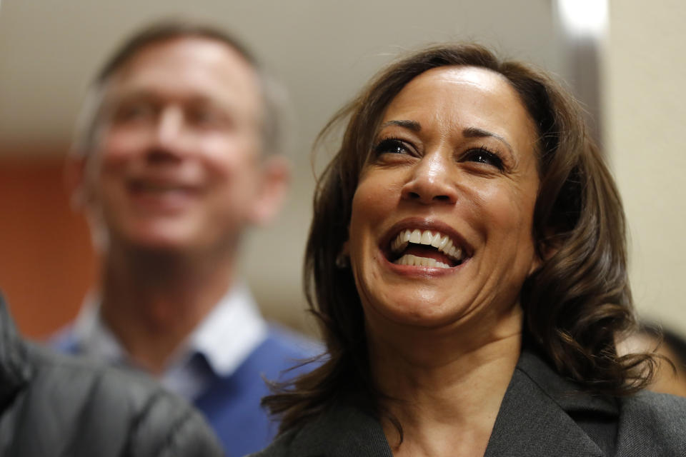 Democratic presidential candidate Sen. Kamala Harris waits to speak at the Story County Democrats' annual soup supper fundraiser, Saturday, Feb. 23, 2019, in Ames, Iowa. (AP Photo/Charlie Neibergall)