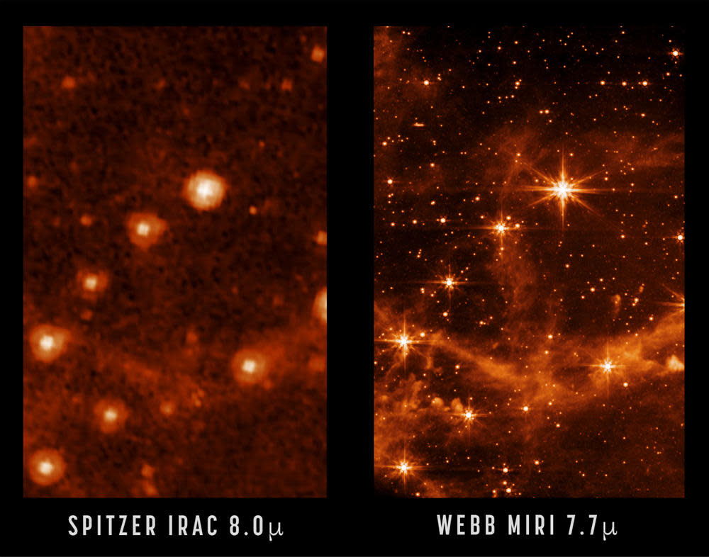 Two images of the same star field in the Large Magellanic Cloud, a small satellite galaxy of the Milky Way. The photo on the left is from NASA's now-retired Spitzer Space Telescope while the one on the right is from the James Webb Space Telescope. Spitzer, equipped with a single 3-foot-wide primary mirror, was the largest infrared telescope launched prior to Webb. For comparison, Webb's segmented mirror measures 21.5-feet across. / Credit: NASA/ESA/CSA/STScI