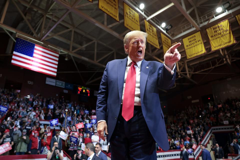 Rock Hill, South Carolina |  Republican presidential candidate and former President Donald Trump thanks supporters after speaking at a “Get Out The Vote” rally at Winthrop University on February 23, 2024 in Rock Hill, SC During his 90-minute speech, Trump spoke about the southern border and the economy, among other topics, including reiterating its support for the right of families to use in vitro fertilization.  He also raised unsubstantiated allegations of election interference.