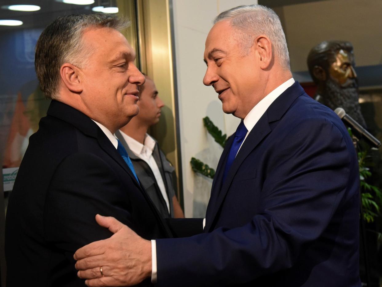 Hungarian prime minister Viktor Orbán is welcomed by Israeli counterpart Benjamin Netanyahu upon his arrival in Jerusalem: AP