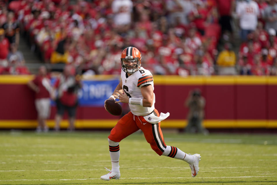 Cleveland Browns quarterback Baker Mayfield drops looks to pass during the first half of an NFL football game against the Kansas City Chiefs Sunday, Sept. 12, 2021, in Kansas City, Mo. (AP Photo/Charlie Riedel)