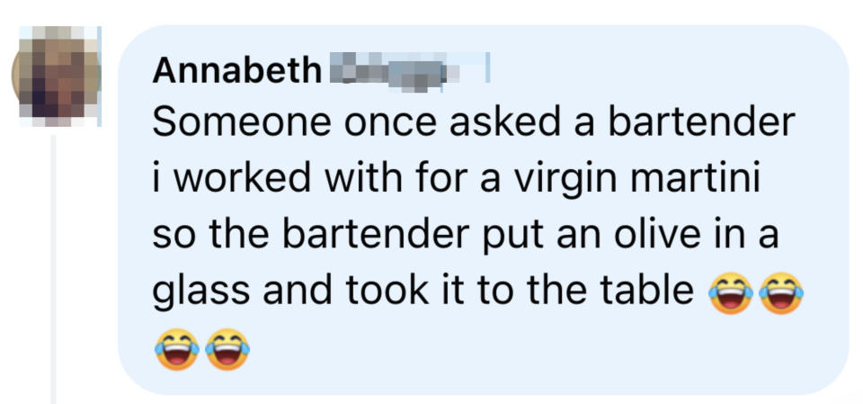 Image of a social media sharing a humorous anecdote about a bartender's literal interpretation of a virgin martini order