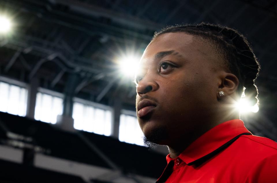 Texas Tech running back Tahj Brooks speaks Thursday at Big 12 media days at AT&T Stadium in Arlington. The Manor graduate says he's proud of all the Austin-area recruits who are playing in the Big 12 and other conferences.