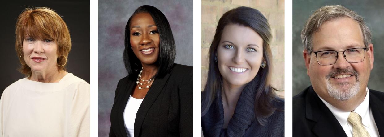 Four new principals in the 2022-23 academic year. At left is Laurie Presley who moves from being assistant principal at Holt High to principal at Taylorville Primary. At left center is Lucretia Prince who moves from leading Crestmont Elementary to the principal's job at Davis-Emerson Middle School. At right middle is Lindsey Thompson who moves up from assistant principal to principal at Northside High. At right is James Rainey Jr. comes to Northridge Middle School after serving as principal at Carbon Hill Elementary and Junior High School in Walker County.