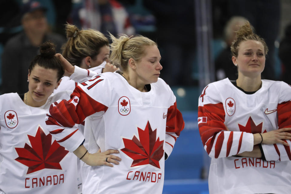 <p>Canada players react after the women’s gold medal hockey game against the United States at the 2018 Winter Olympics in Gangneung, South Korea, Thursday, Feb. 22, 2018. (AP Photo/Julio Cortez) </p>