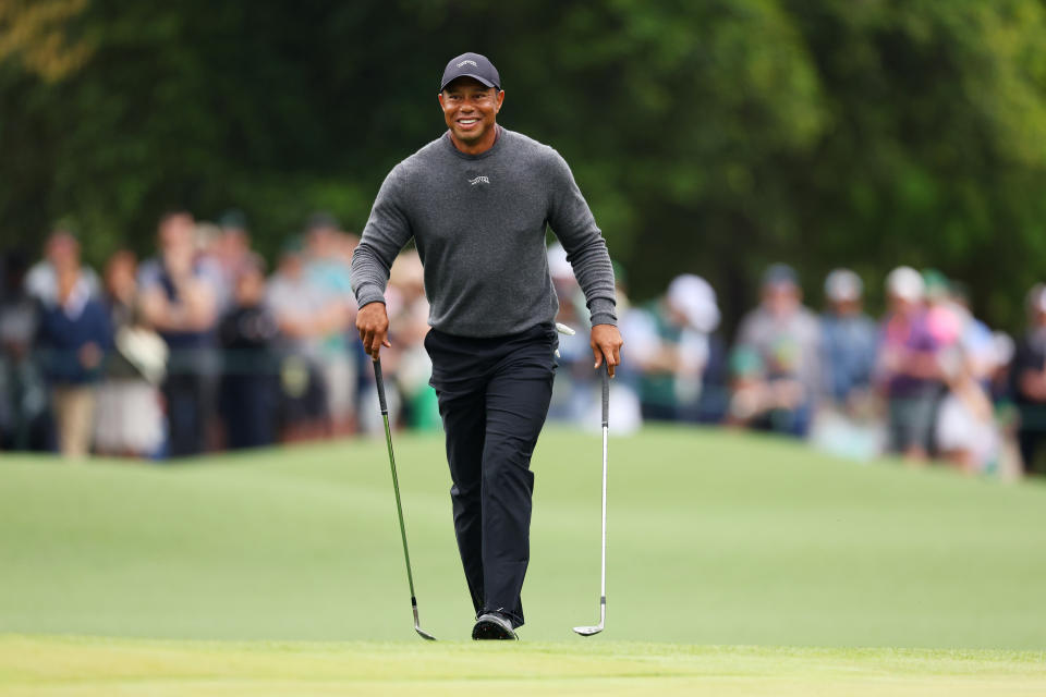 AUGUSTA, GEORGIA - APRIL 09: Tiger Woods of the United States reacts on the eighth hole during a practice round prior to the 2024 Masters Tournament at Augusta National Golf Club on April 09, 2024 in Augusta, Georgia. (Photo by Andrew Redington/Getty Images)